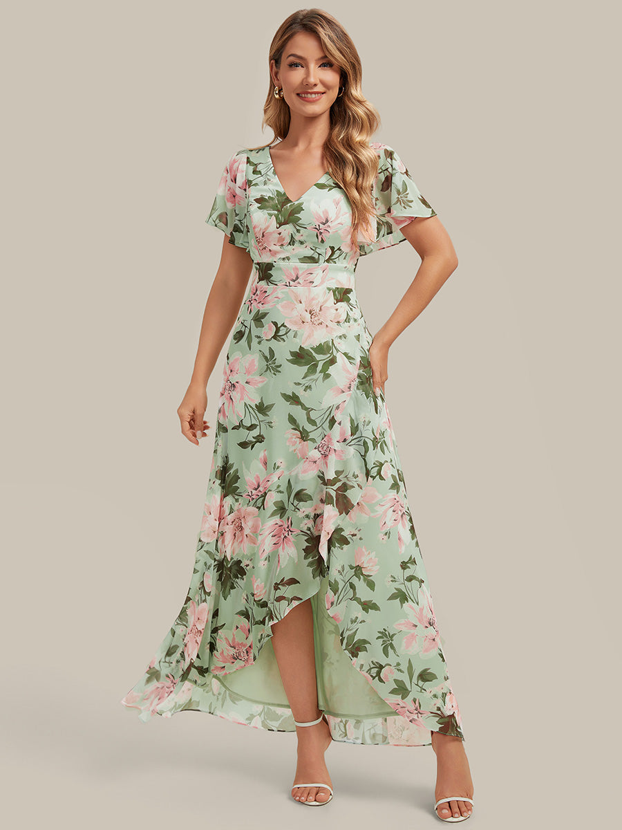 Asymmetrischer Saum V-Ausschnitt Chiffon Kleid Mit Tiefem V-Ausschnitt R¨¹schen Und Raffung Details #Farbe_Hellgrün mit Blumenmuster