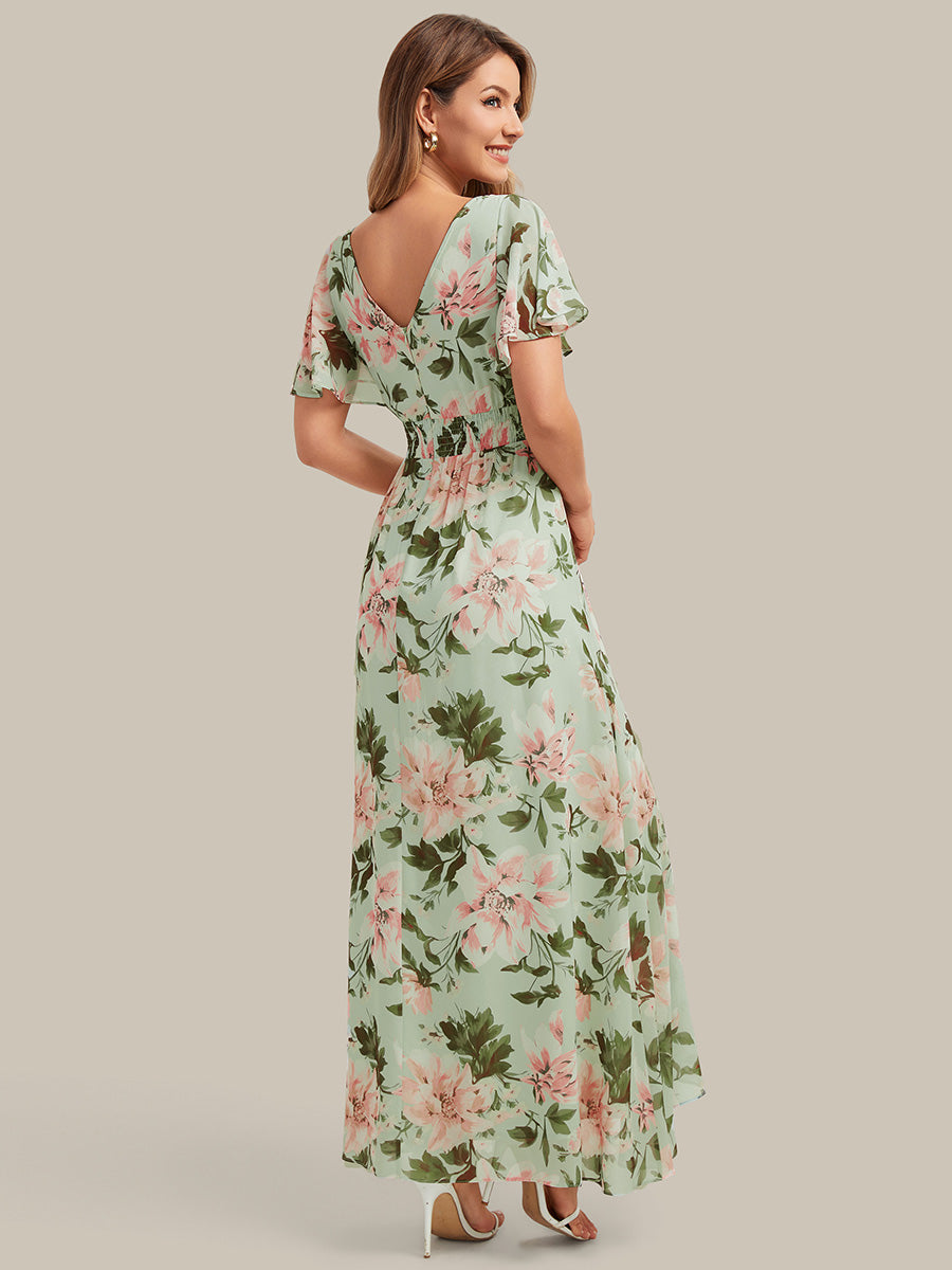 Asymmetrischer Saum V-Ausschnitt Chiffon Kleid Mit Tiefem V-Ausschnitt R¨¹schen Und Raffung Details #Farbe_Hellgrün mit Blumenmuster