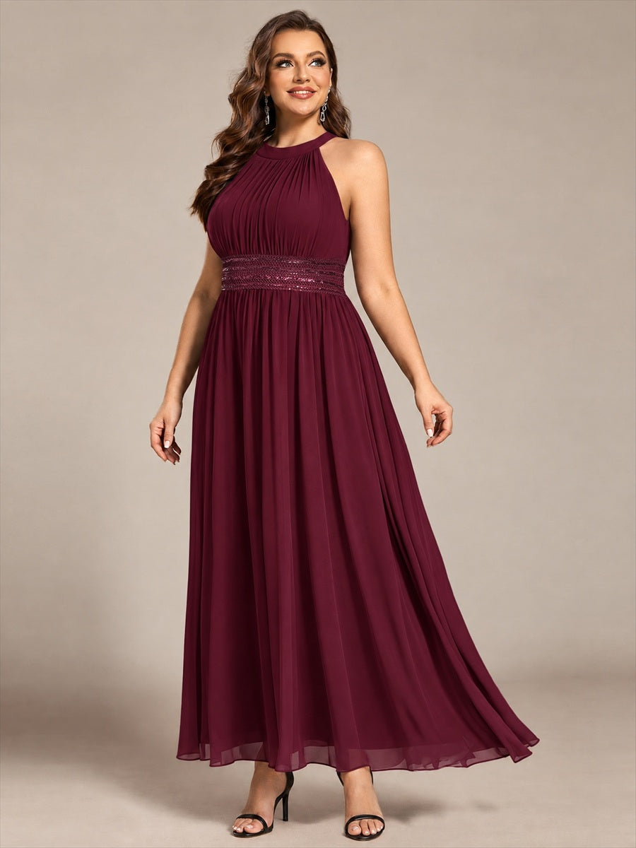 Maxilänge Halternacken Ausschnitt A-Linien Kleid Aus Chiffon Mit Corsage Für Elegante Anlässe Kleid #Farbe_Burgunderrot