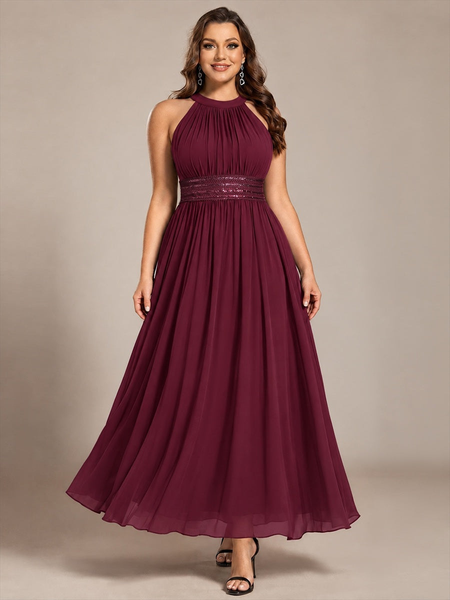 Maxilänge Halternacken Ausschnitt A-Linien Kleid Aus Chiffon Mit Corsage Für Elegante Anlässe Kleid #Farbe_Burgunderrot