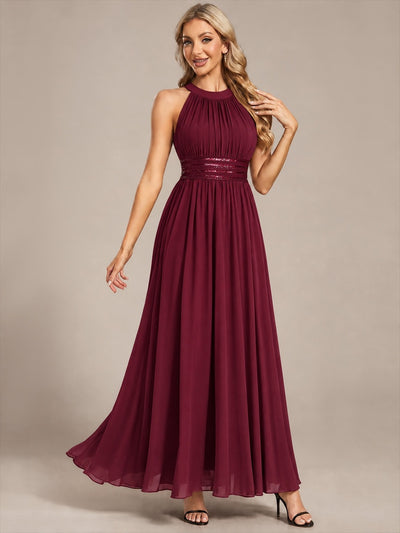 Maxilänge Halternacken Ausschnitt A-Linien Kleid Aus Chiffon Mit Corsage Für Elegante Anlässe Kleid #Farbe_Burgunderrot