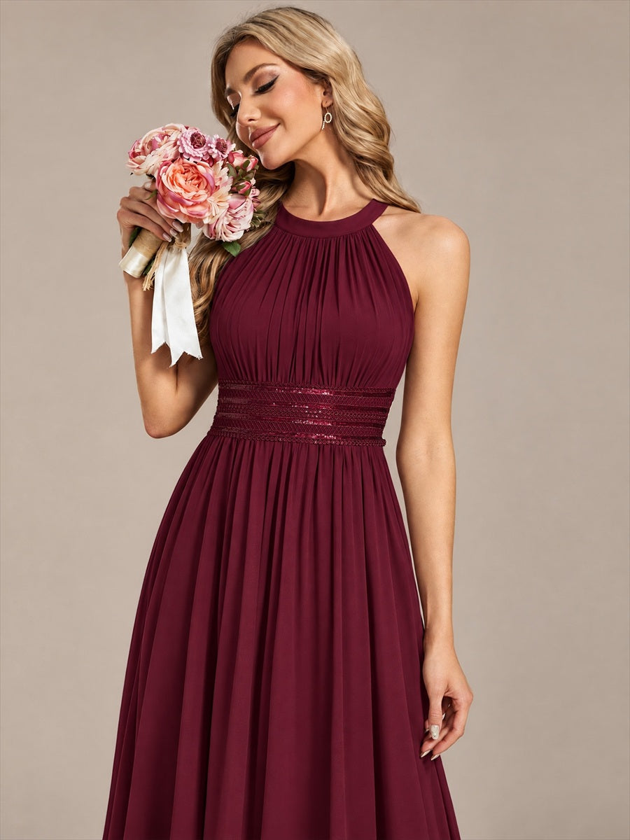 Maxilänge Halternacken Ausschnitt A-Linien Kleid Aus Chiffon Mit Corsage Für Elegante Anlässe Kleid #Farbe_Burgunderrot