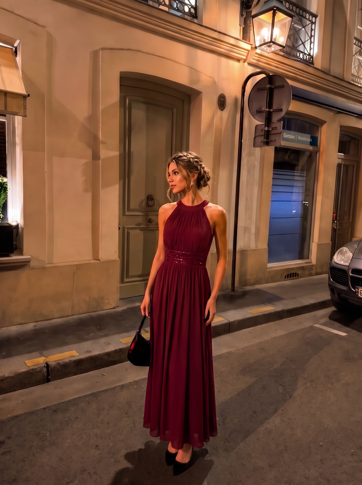 Maxilänge Halternacken Ausschnitt A-Linien Kleid Aus Chiffon Mit Corsage Für Elegante Anlässe Kleid #Farbe_Burgunderrot
