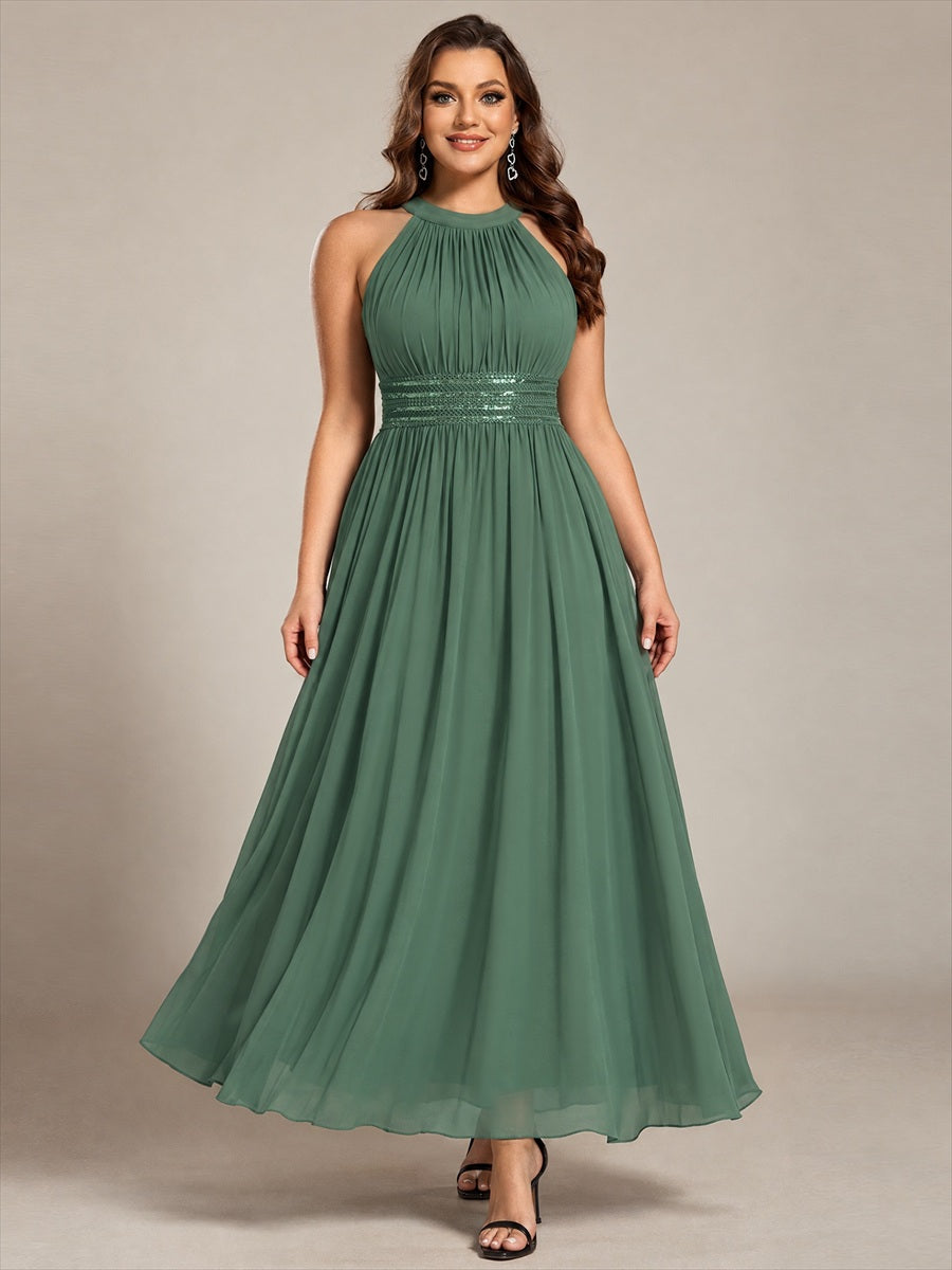 Maxilänge Halternacken Ausschnitt A-Linien Kleid Aus Chiffon Mit Corsage Für Elegante Anlässe Kleid #Farbe_Eukalyptus