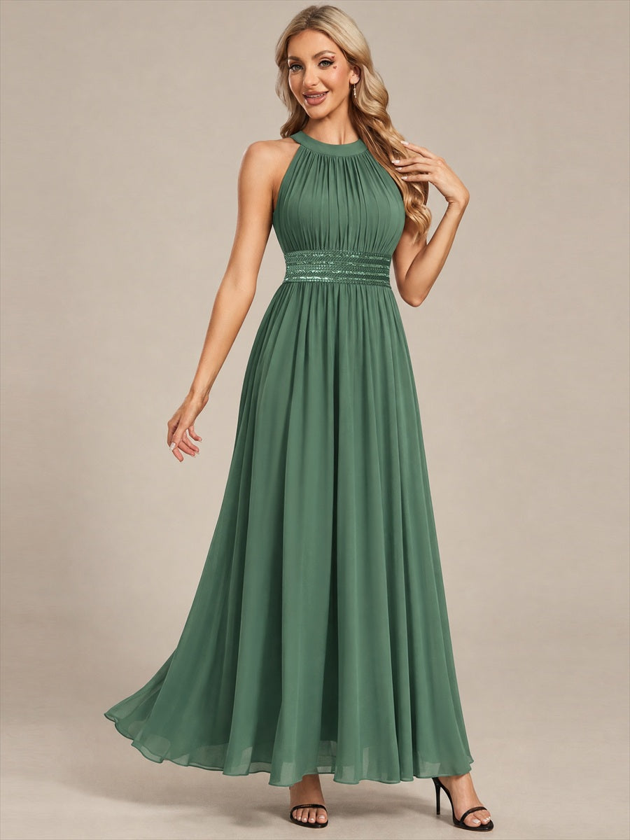Maxilänge Halternacken Ausschnitt A-Linien Kleid Aus Chiffon Mit Corsage Für Elegante Anlässe Kleid #Farbe_Eukalyptus