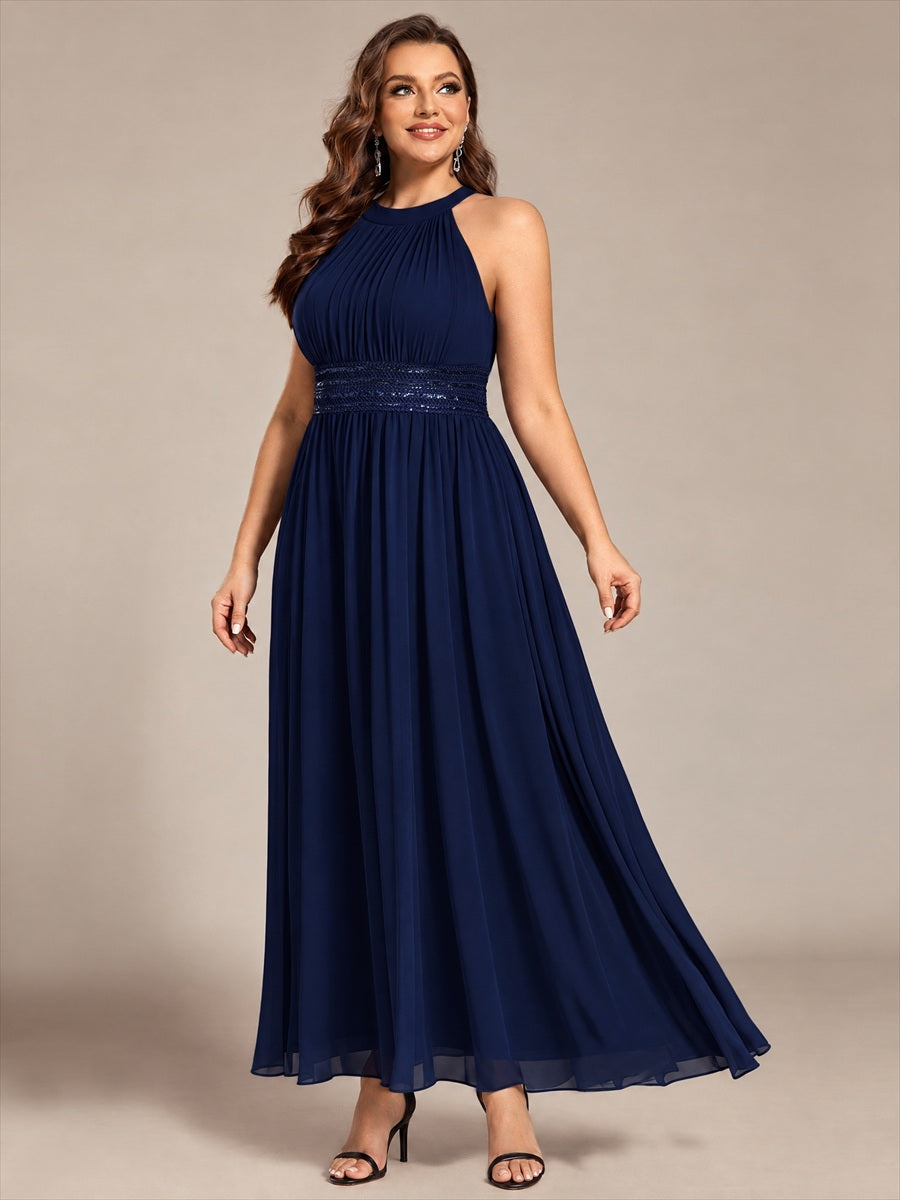 Maxilänge Halternacken Ausschnitt A-Linien Kleid Aus Chiffon Mit Corsage Für Elegante Anlässe Kleid #Farbe_Marineblau