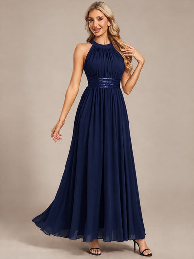 Maxilänge Halternacken Ausschnitt A-Linien Kleid Aus Chiffon Mit Corsage Für Elegante Anlässe Kleid #Farbe_Marineblau