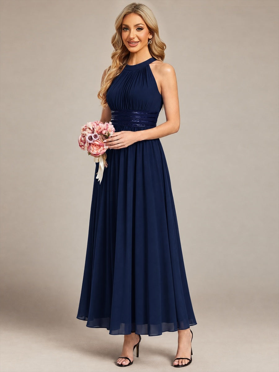 Maxilänge Halternacken Ausschnitt A-Linien Kleid Aus Chiffon Mit Corsage Für Elegante Anlässe Kleid #Farbe_Marineblau