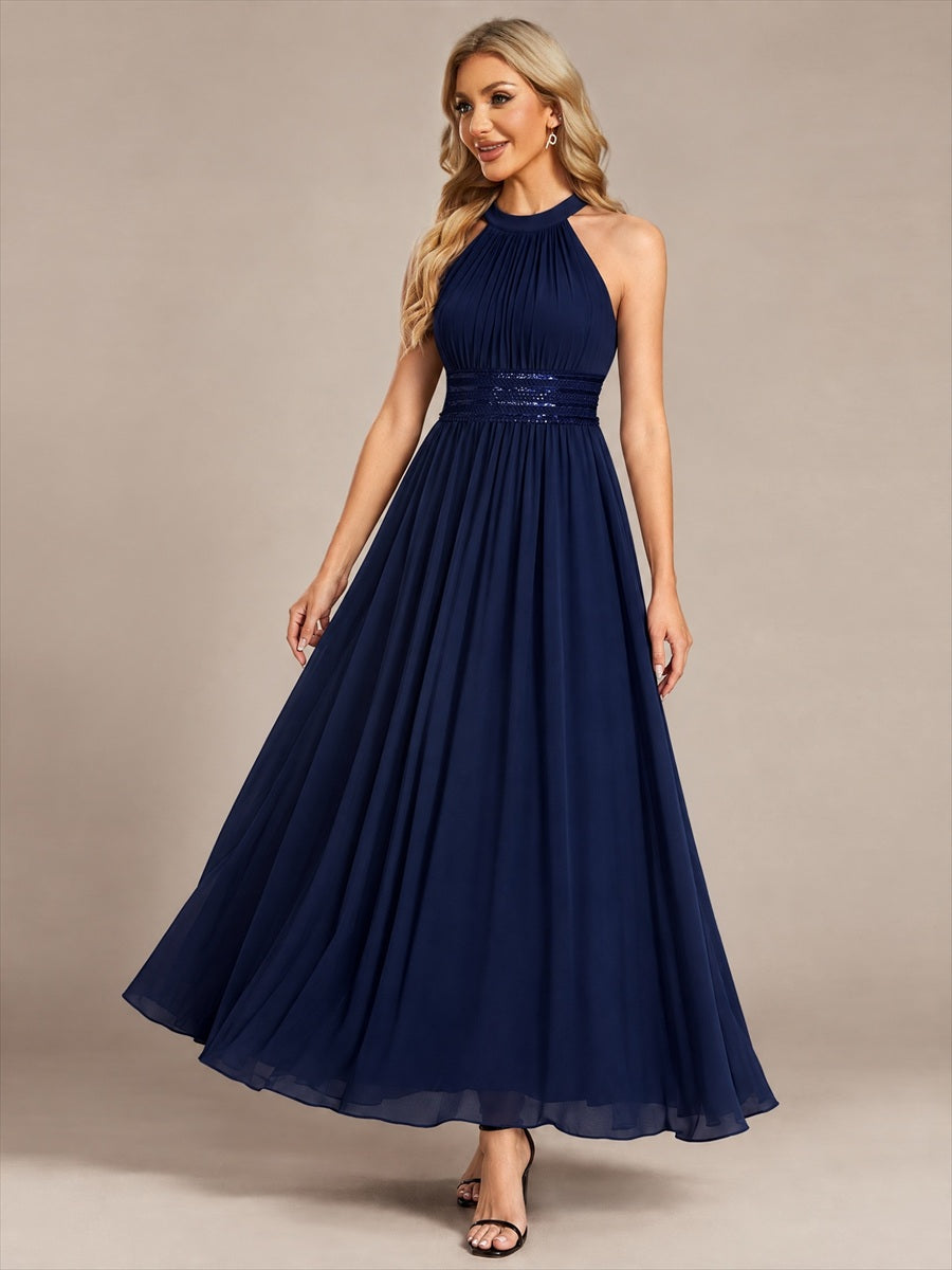 Maxilänge Halternacken Ausschnitt A-Linien Kleid Aus Chiffon Mit Corsage Für Elegante Anlässe Kleid #Farbe_Marineblau