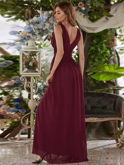 Damen V-Ausschnitt Lange Chiffon Abendkleider Festkleider 09016 #farbe_Burgunderrot