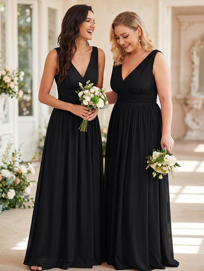 Bodenlanger A-Linien Chiffon Kleid Mit Tiefem V-Ausschnitt Eleganz Kleid #Farbe_Schwarz
