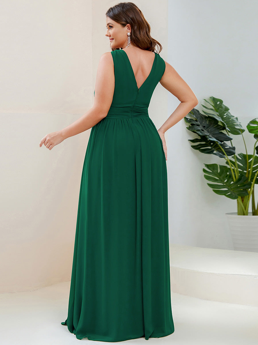 Damen V-Ausschnitt Lange Chiffon Abendkleider Festkleider 09016 #farbe_Dunkelgrün