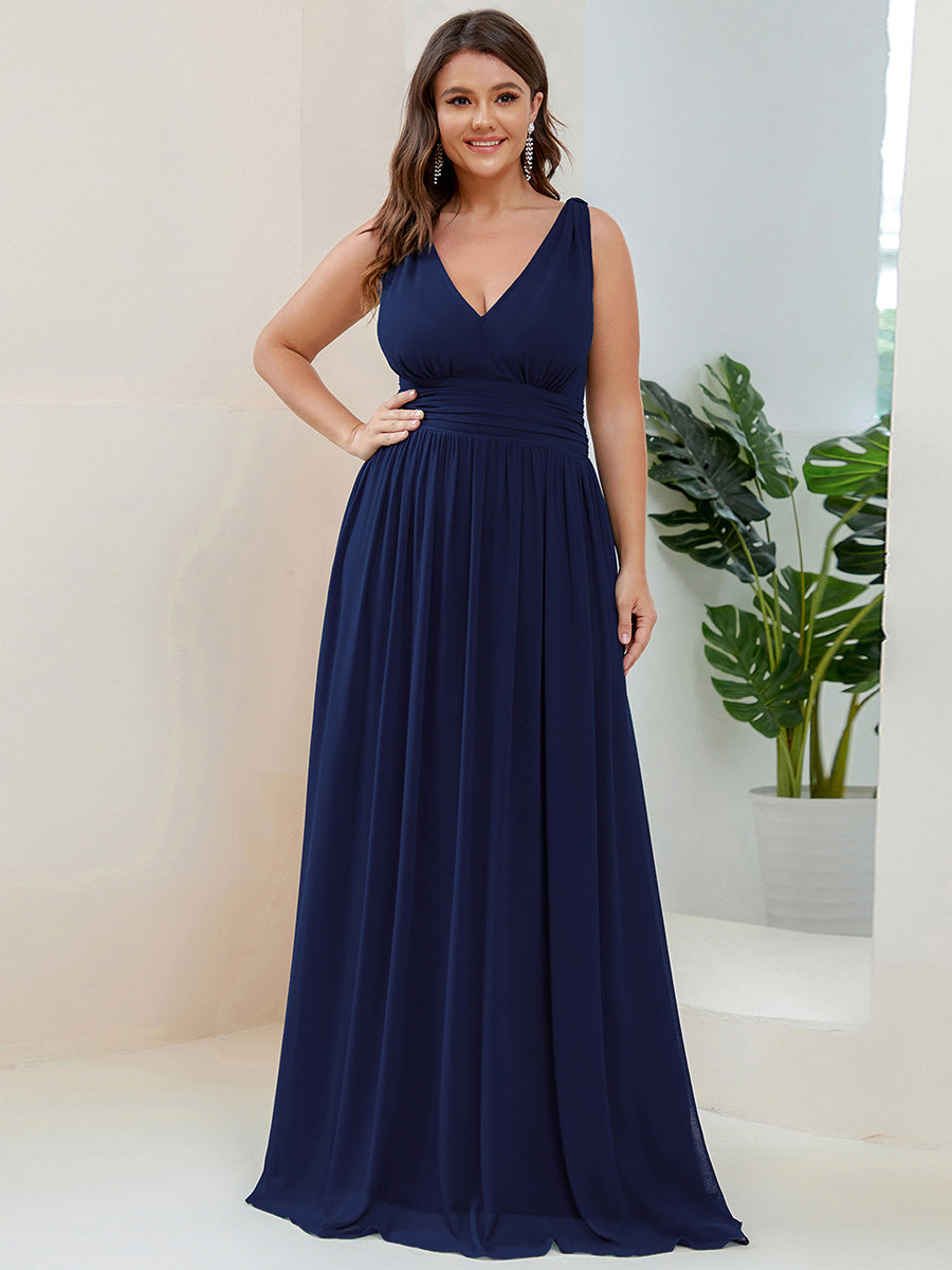 Damen V-Ausschnitt Lange Chiffon Abendkleider Festkleider 09016 #farbe_Marineblau
