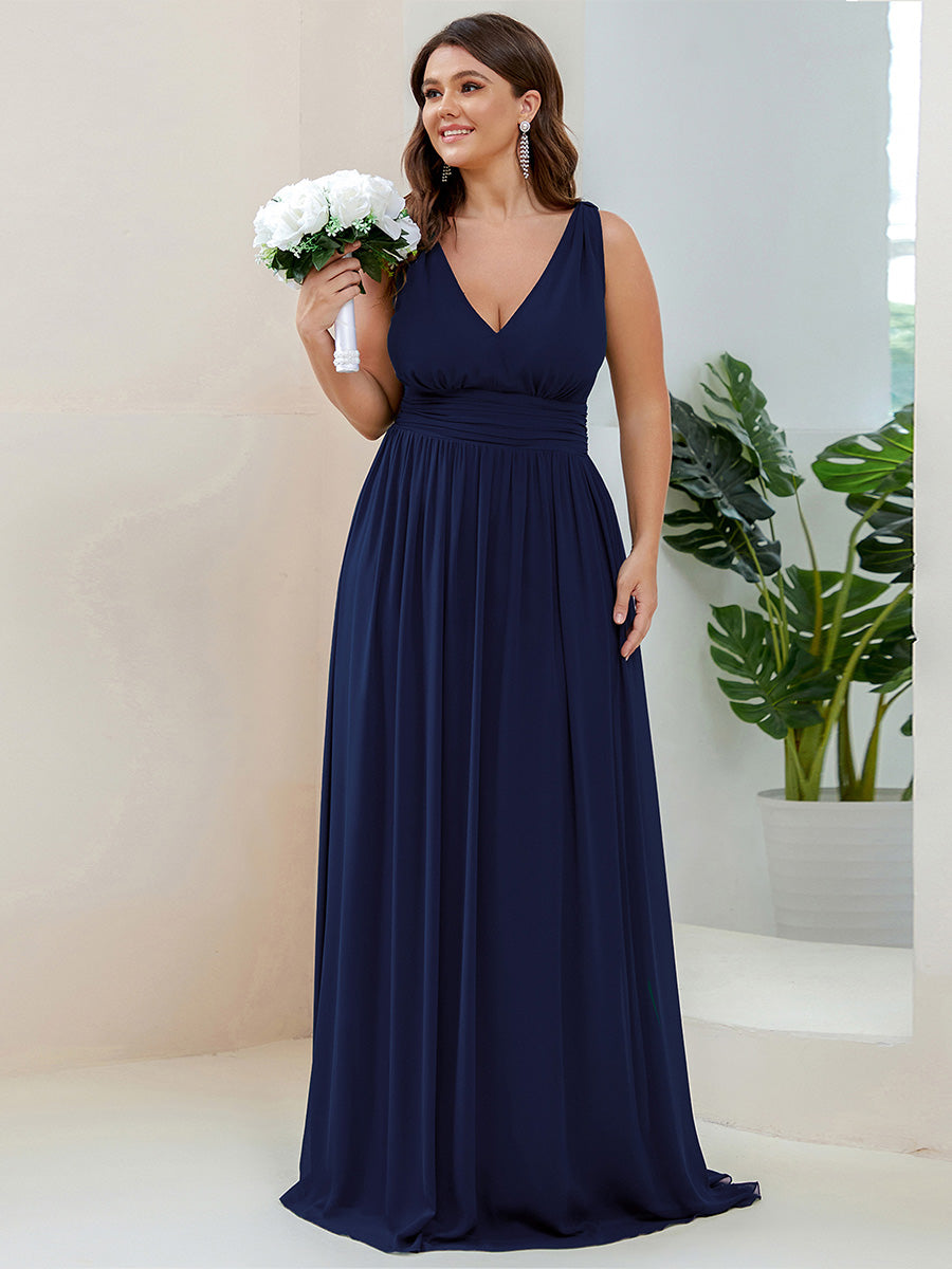 Damen V-Ausschnitt Lange Chiffon Abendkleider Festkleider 09016 #farbe_Marineblau