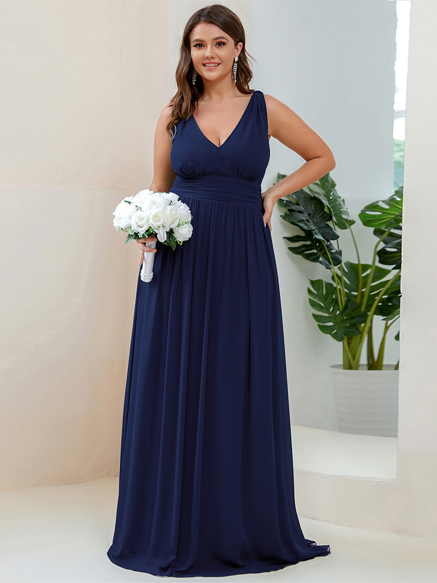 Damen V-Ausschnitt Lange Chiffon Abendkleider Festkleider 09016 #farbe_Marineblau