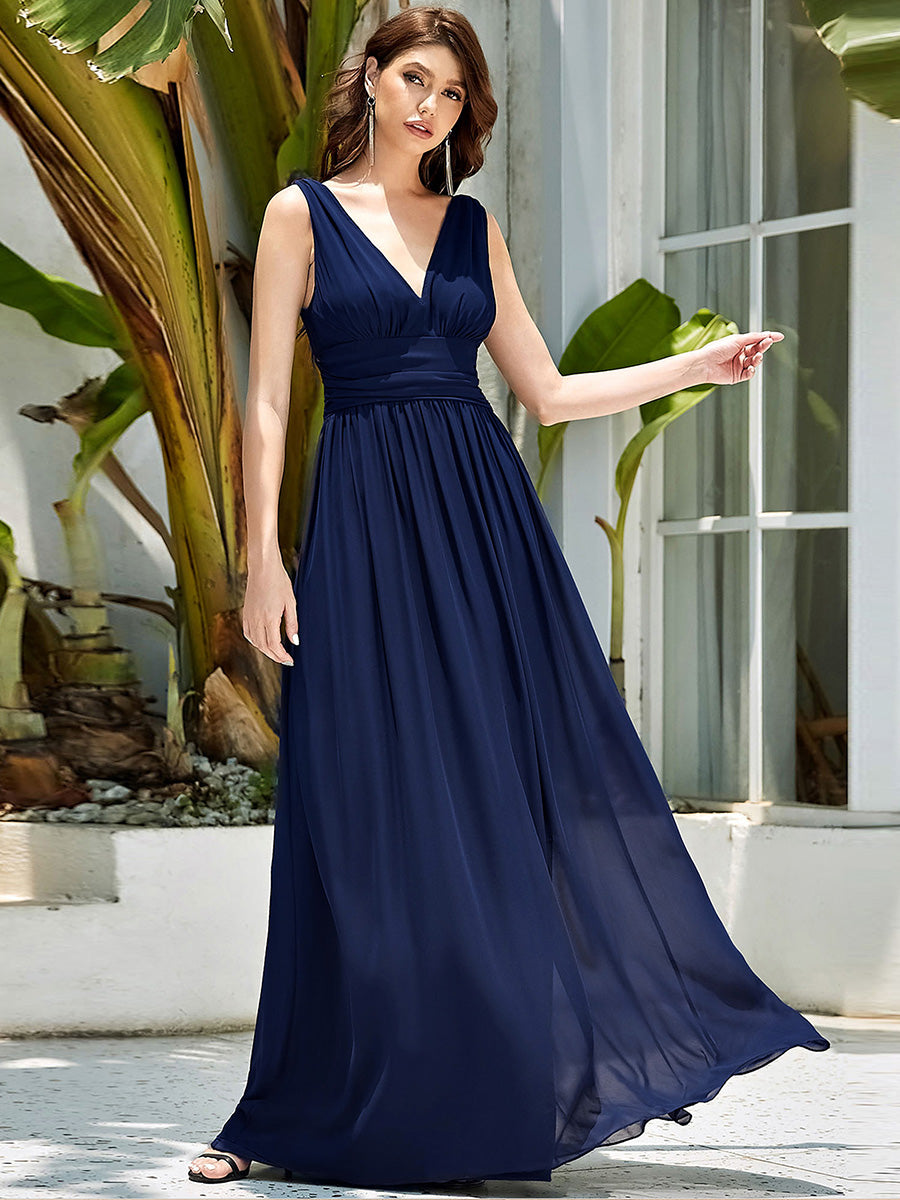 Damen V-Ausschnitt Lange Chiffon Abendkleider Festkleider 09016 #farbe_Marineblau