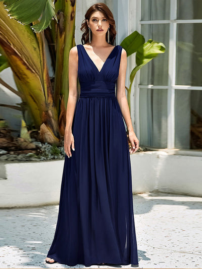 Damen V-Ausschnitt Lange Chiffon Abendkleider Festkleider 09016 #farbe_Marineblau