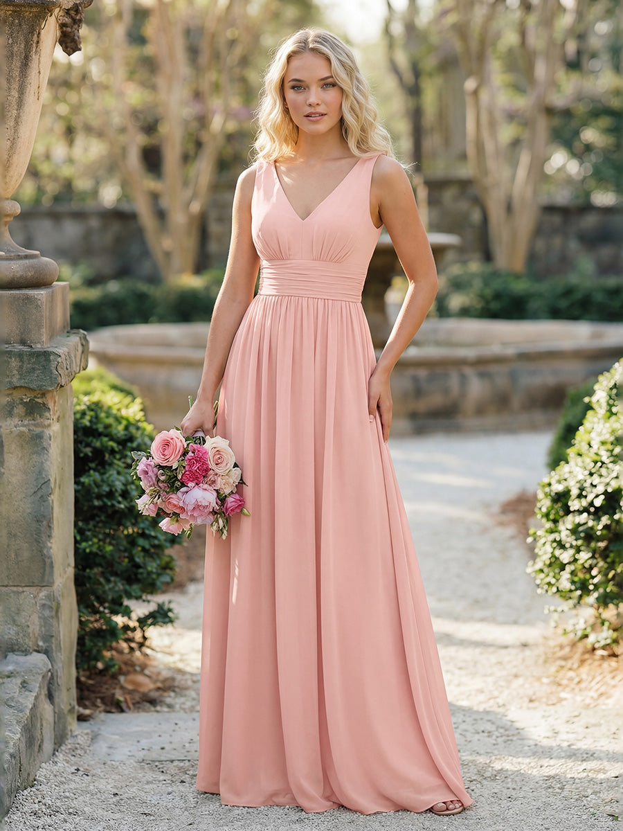 Bodenlanger A-Linien Chiffon Kleid Mit Tiefem V-Ausschnitt Eleganz Kleid #Farbe_Rosa