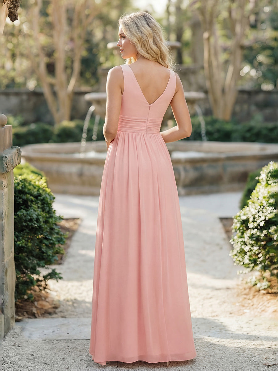 Bodenlanger A-Linien Chiffon Kleid Mit Tiefem V-Ausschnitt Eleganz Kleid #Farbe_Rosa