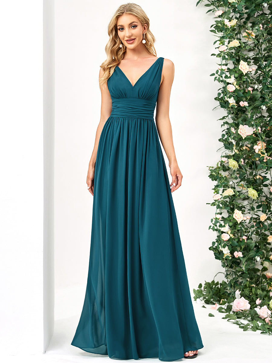Damen V-Ausschnitt Lange Chiffon Abendkleider Festkleider 09016 #farbe_Petrol