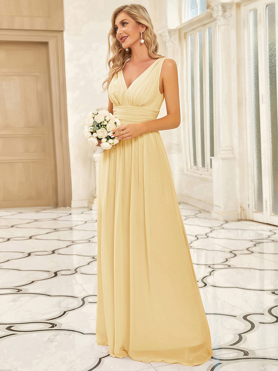 Damen V-Ausschnitt Lange Chiffon Abendkleider Festkleider 09016 #farbe_Gelb
