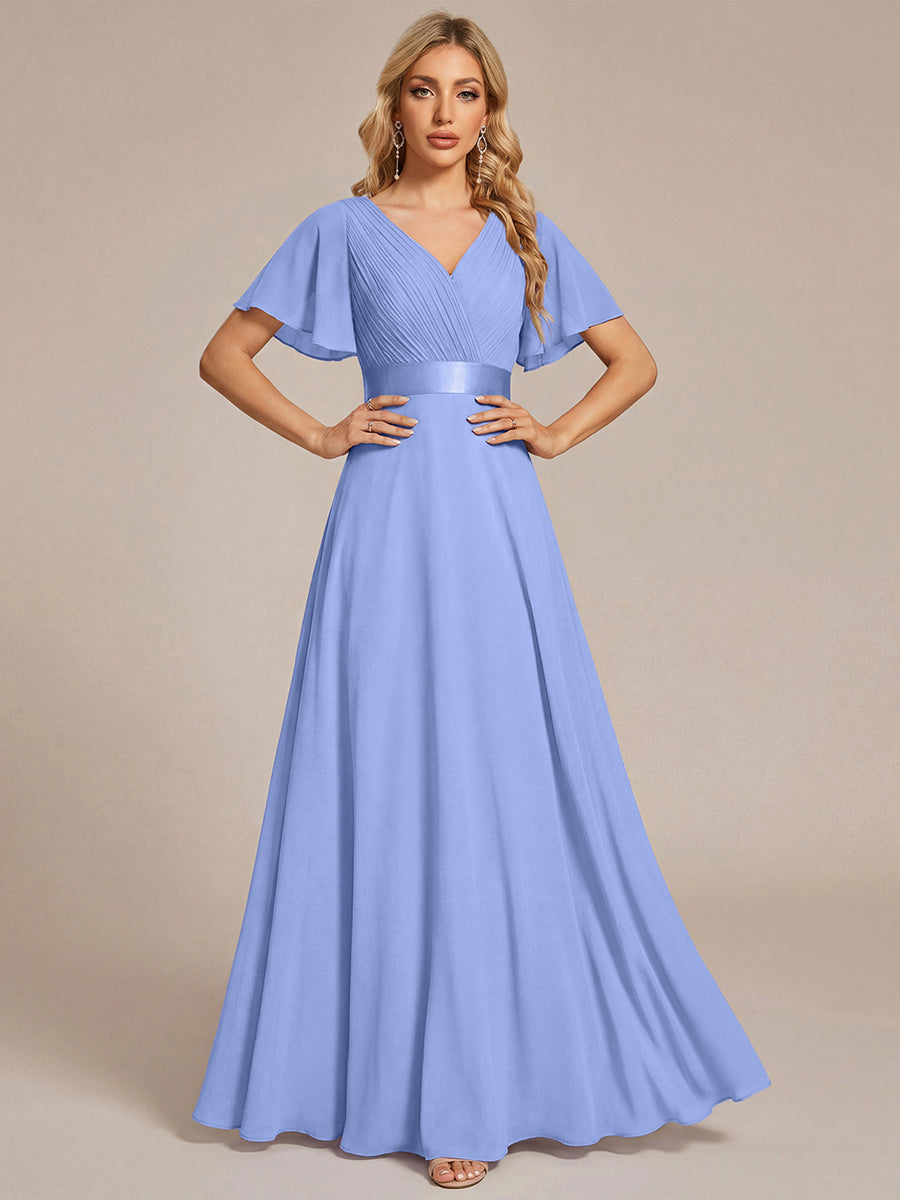 Langes Brautjungfernkleid mit Empire-Taille und kurzen, flatternden Ärmeln #Farbe_Kornblumenblau