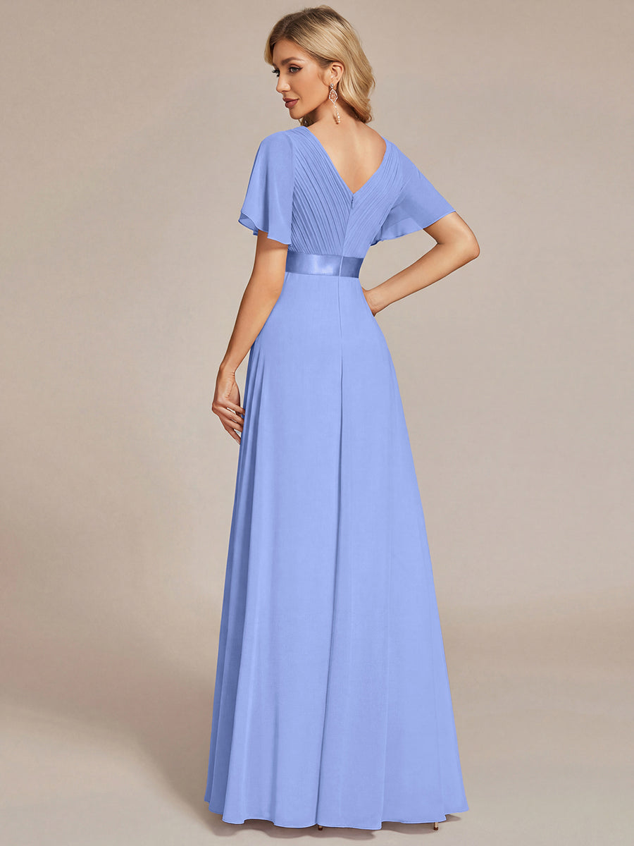 Langes Brautjungfernkleid mit Empire-Taille und kurzen, flatternden Ärmeln #Farbe_Kornblumenblau