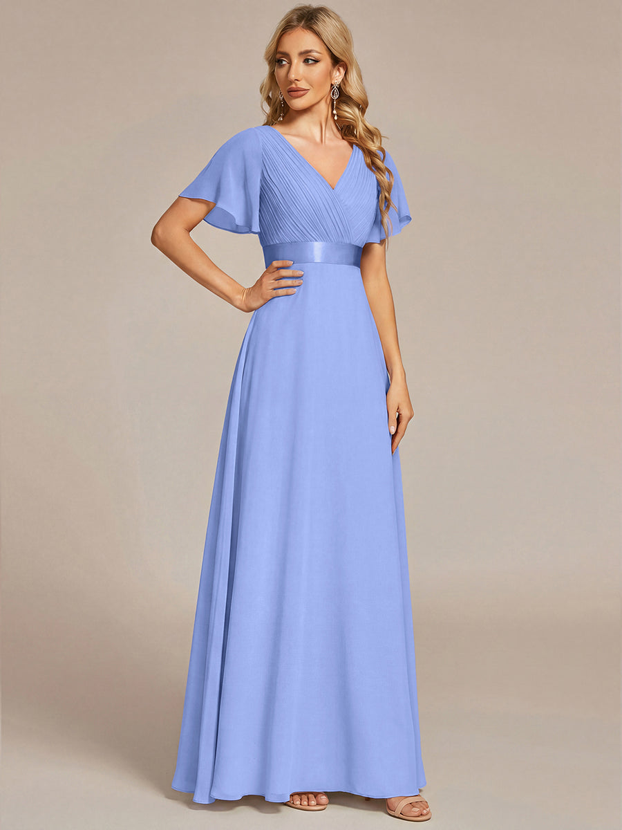 Langes Brautjungfernkleid mit Empire-Taille und kurzen, flatternden Ärmeln #Farbe_Kornblumenblau