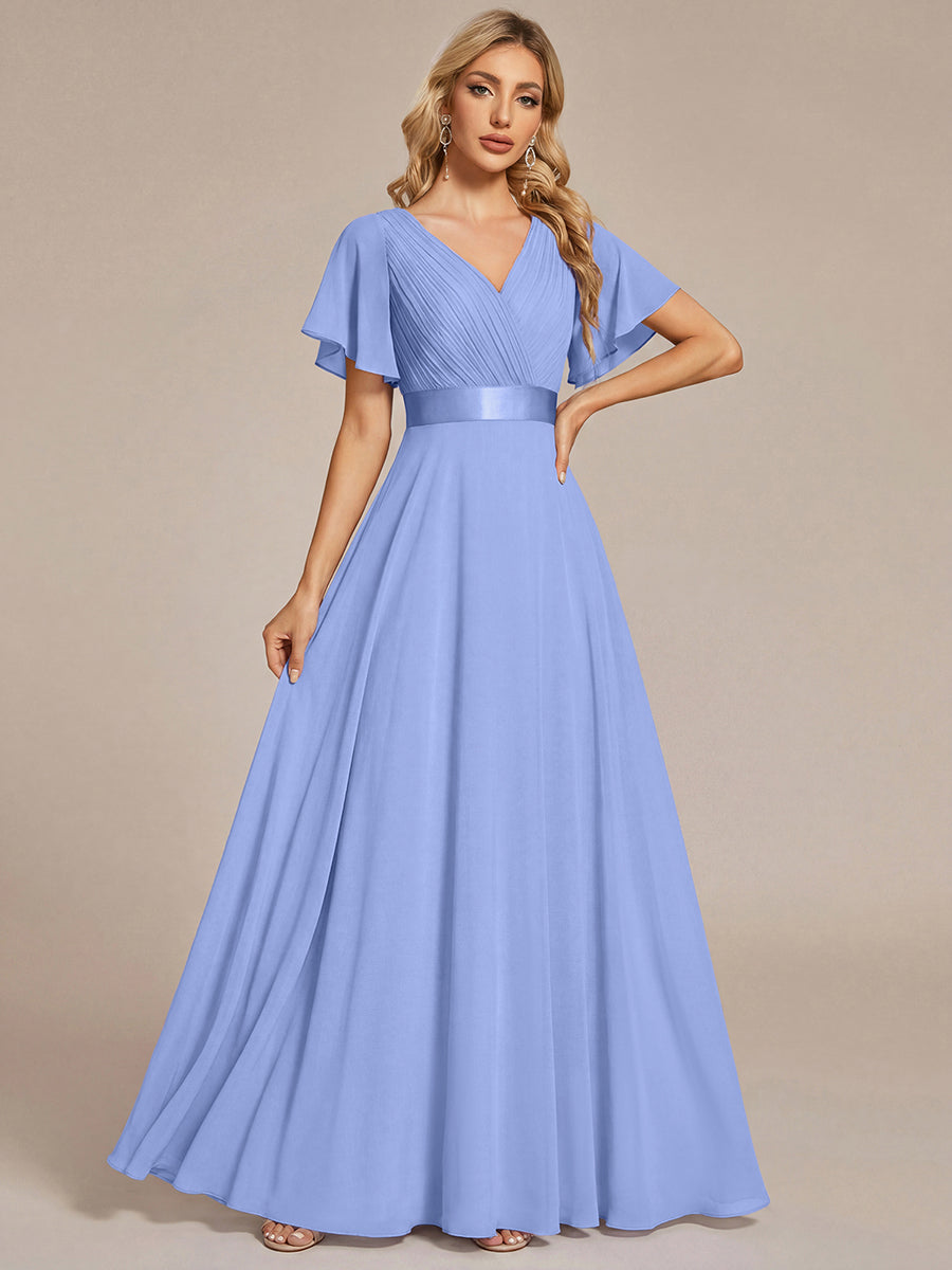 Langes Brautjungfernkleid mit Empire-Taille und kurzen, flatternden Ärmeln #Farbe_Kornblumenblau