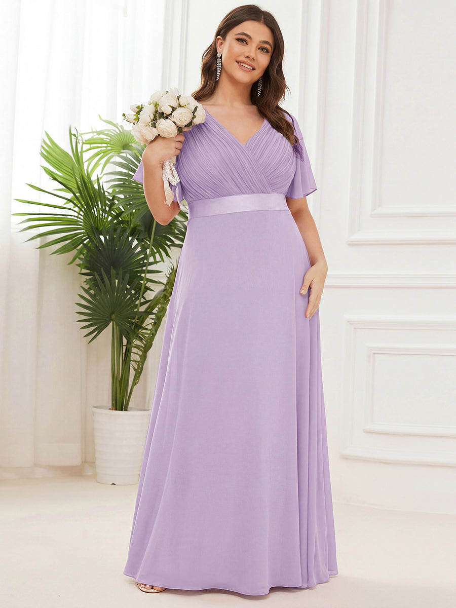 Langes Brautjungfernkleid mit Empire-Taille und kurzen, flatternden Ärmeln #Farbe_Mattflieder