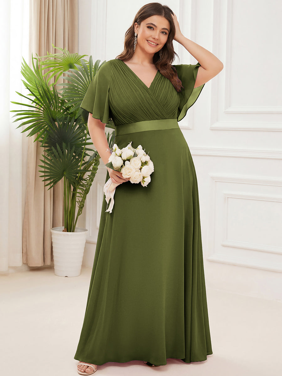 Langes Brautjungfernkleid mit Empire-Taille und kurzen, flatternden Ärmeln #Farbe_Olivgrün