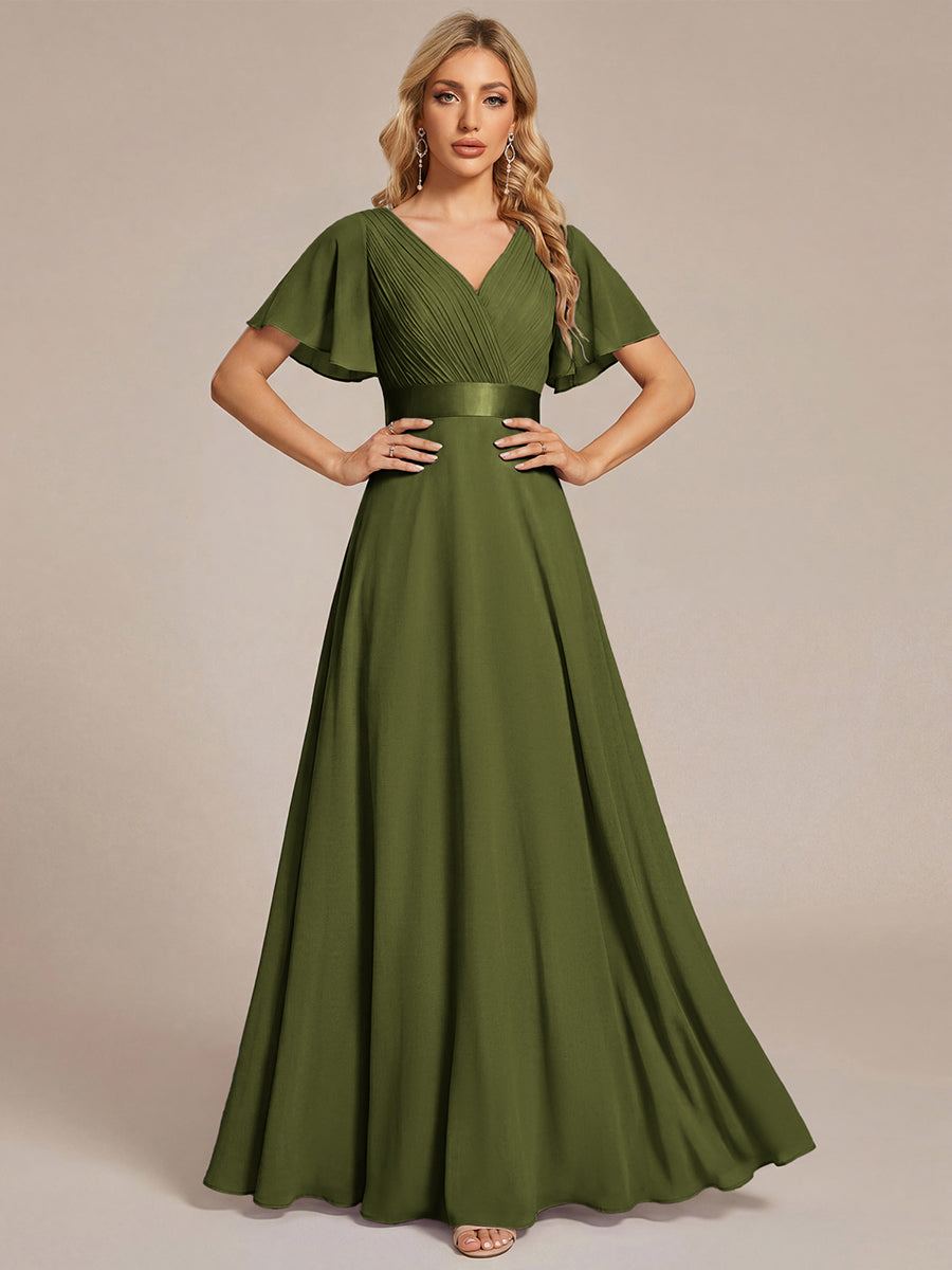 Langes Brautjungfernkleid mit Empire-Taille und kurzen, flatternden Ärmeln #Farbe_Olivgrün