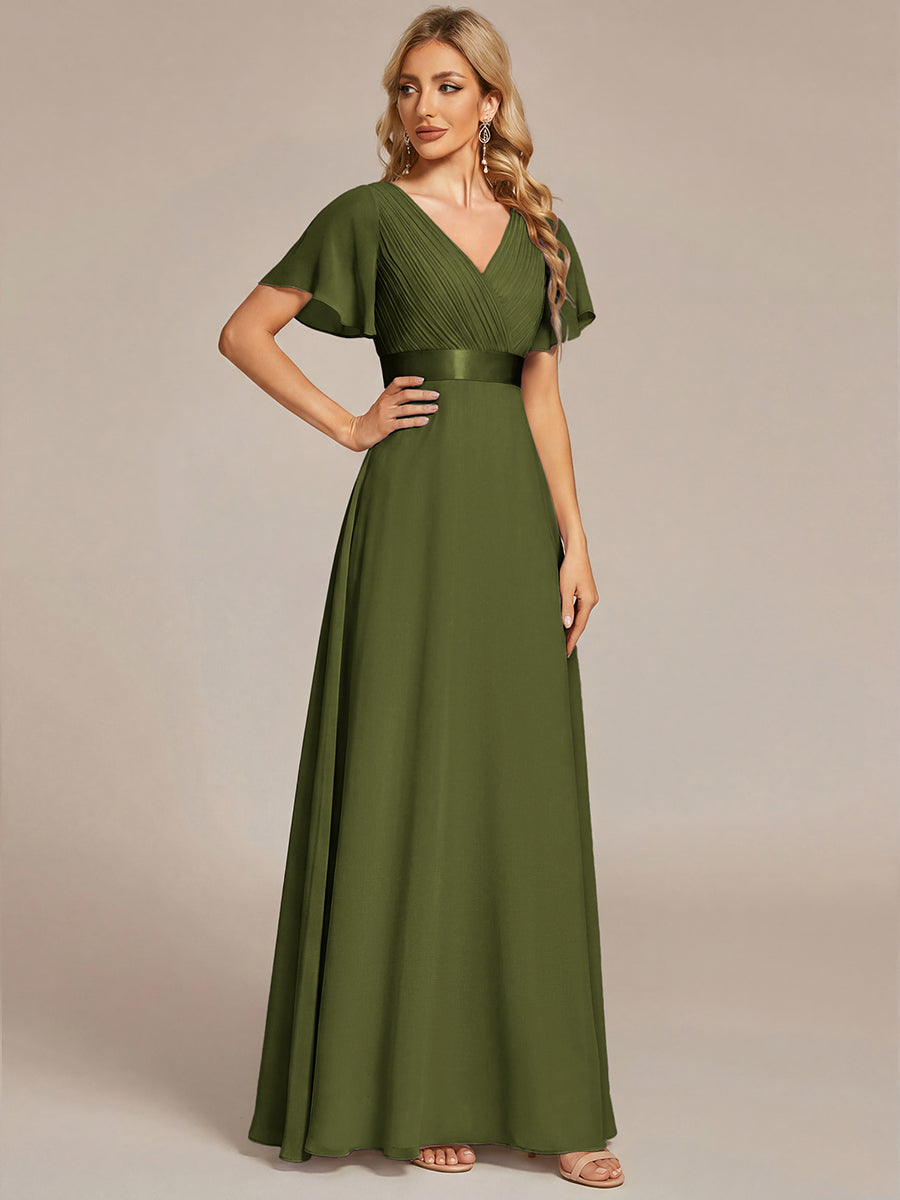 Langes Brautjungfernkleid mit Empire-Taille und kurzen, flatternden Ärmeln #Farbe_Olivgrün