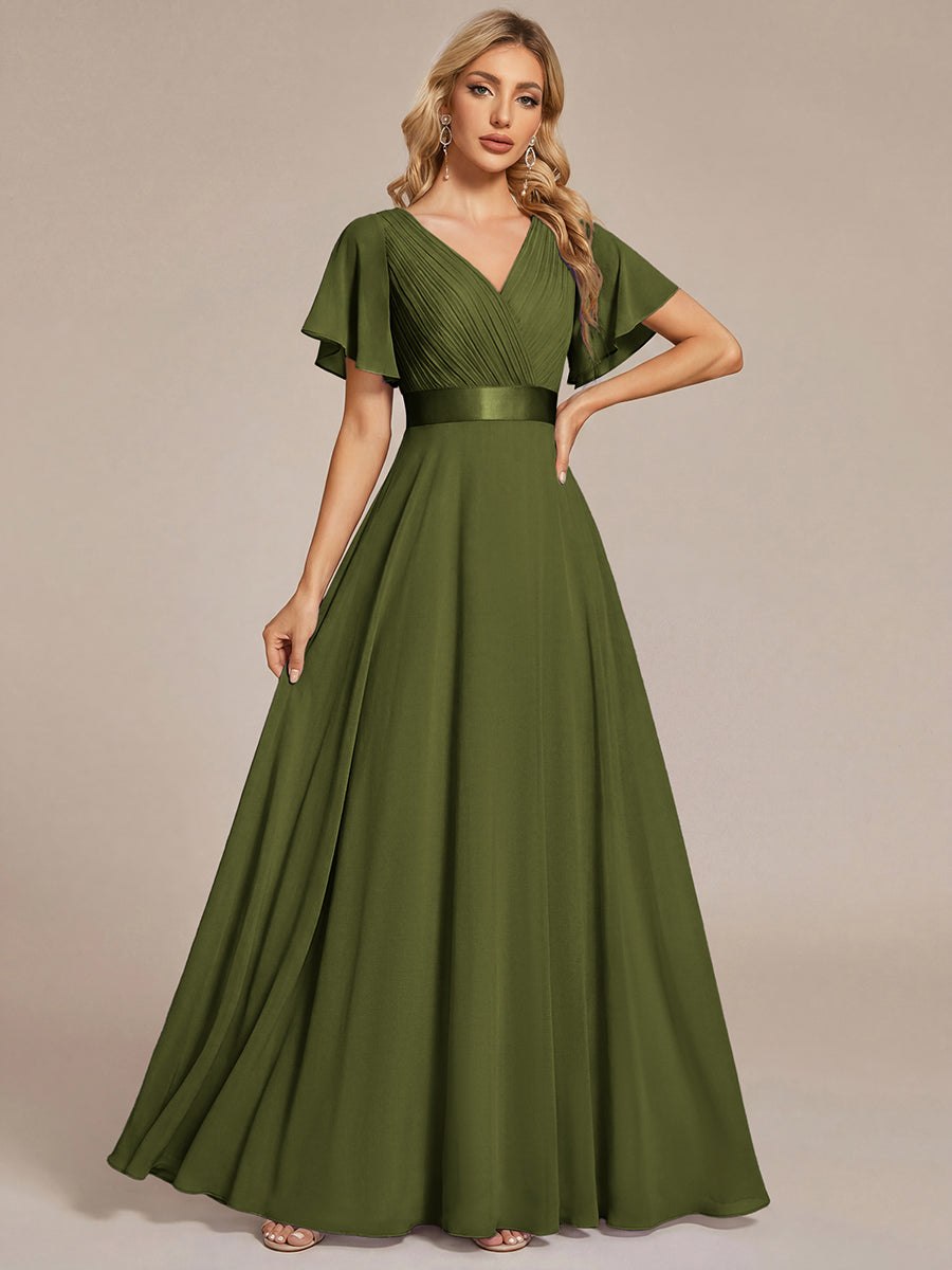 Langes Brautjungfernkleid mit Empire-Taille und kurzen, flatternden Ärmeln #Farbe_Olivgrün