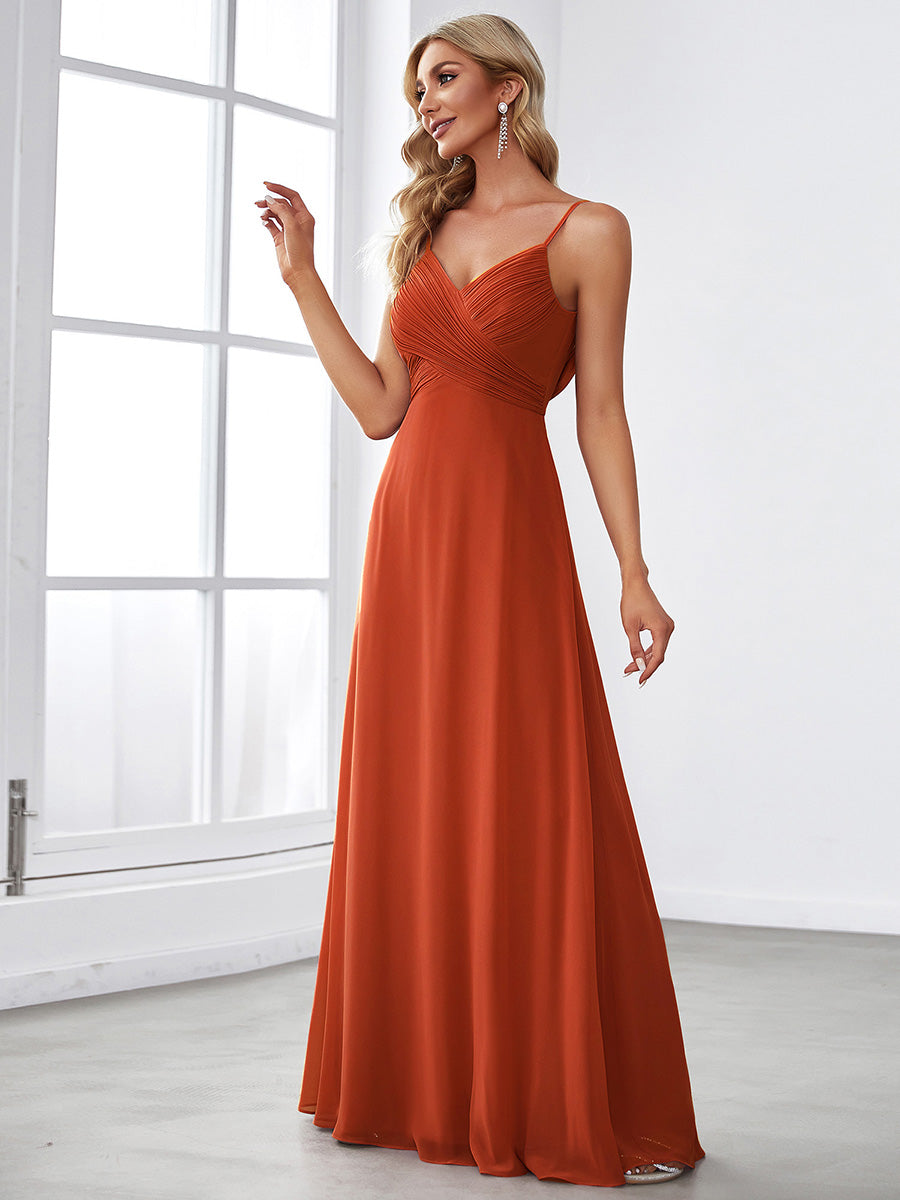 Brautjungfernkleid mit V-Ausschnitt schmalen Trägern und bodenlangem Rock #Farbe_Gebranntes Orange