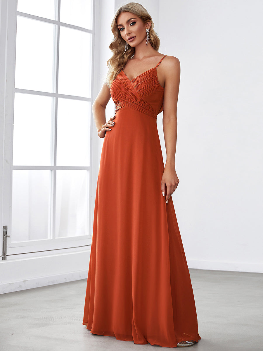 Brautjungfernkleid mit V-Ausschnitt schmalen Trägern und bodenlangem Rock #Farbe_Gebranntes Orange