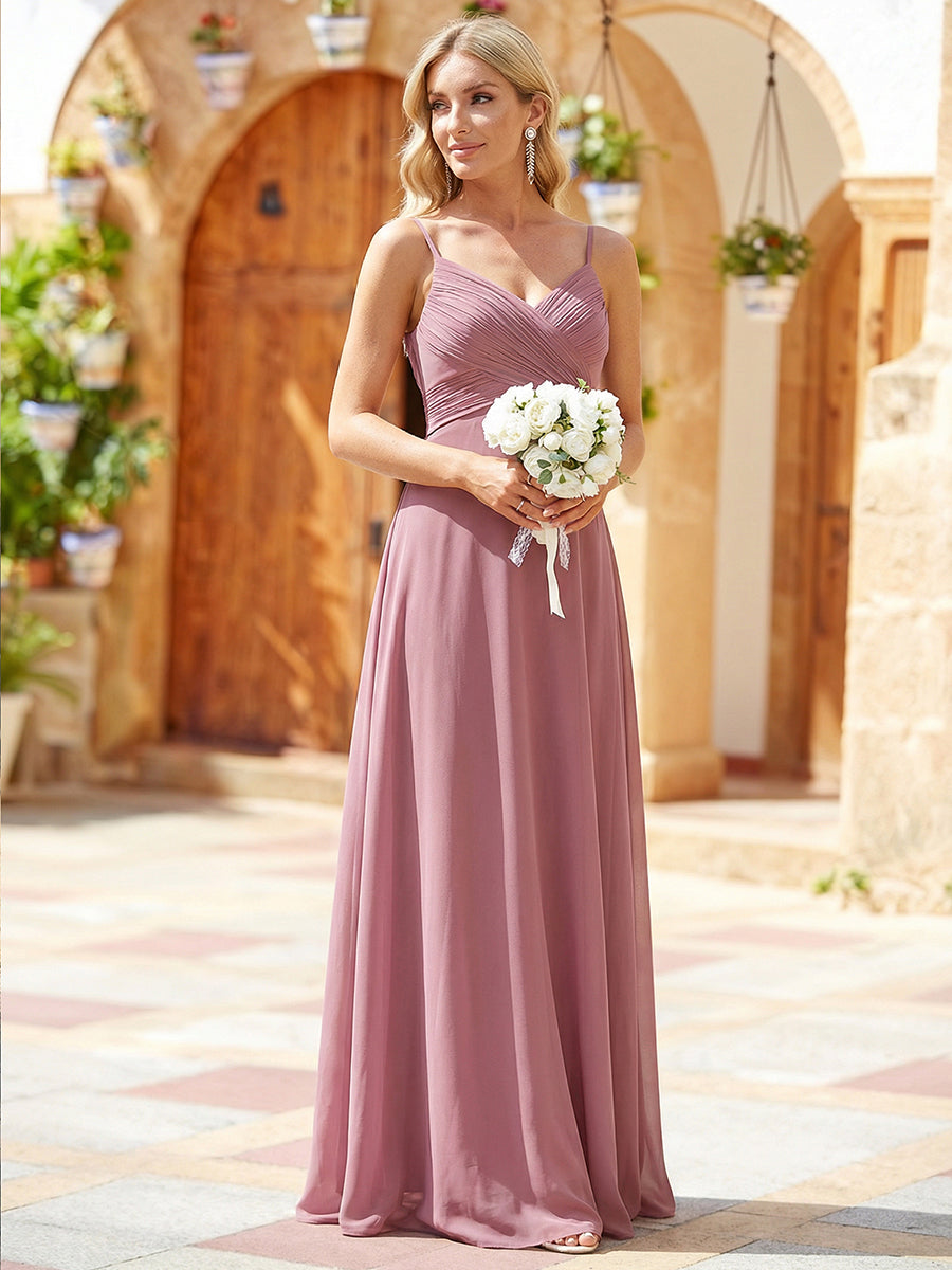 Bodenlanger V-Ausschnitt A-Linie Chiffon Kleid Plissiert Rückenfrei Eleganz Kleid #Farbe_Altrosa