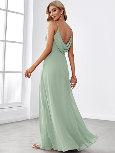 Bodenlanger V-Ausschnitt A-Linie Chiffon Kleid Plissiert Rückenfrei Eleganz Kleid #Farbe_Mintgrün