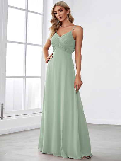 Bodenlanger V-Ausschnitt A-Linie Chiffon Kleid Plissiert Rückenfrei Eleganz Kleid #Farbe_Mintgrün