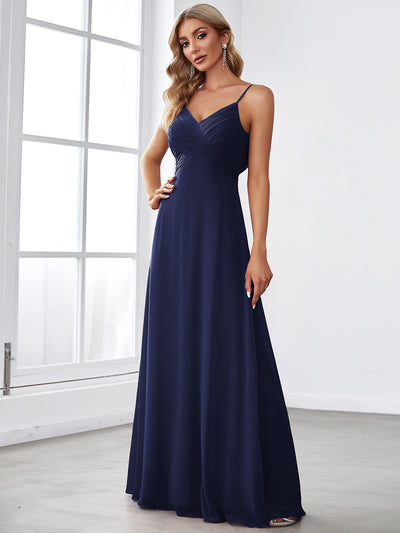 Bodenlanger V-Ausschnitt A-Linie Chiffon Kleid Plissiert Rückenfrei Eleganz Kleid #Farbe_Marineblau