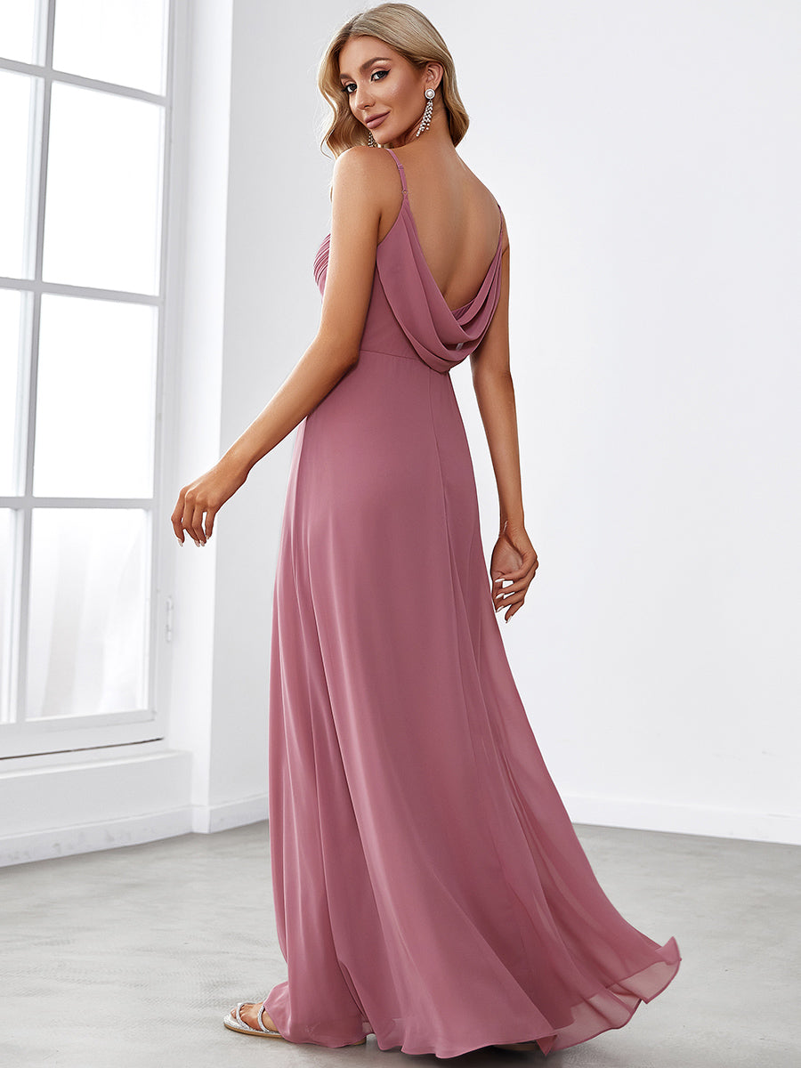 Brautjungfernkleid mit V-Ausschnitt schmalen Trägern und bodenlangem Rock #Farbe_Orchideenviolett
