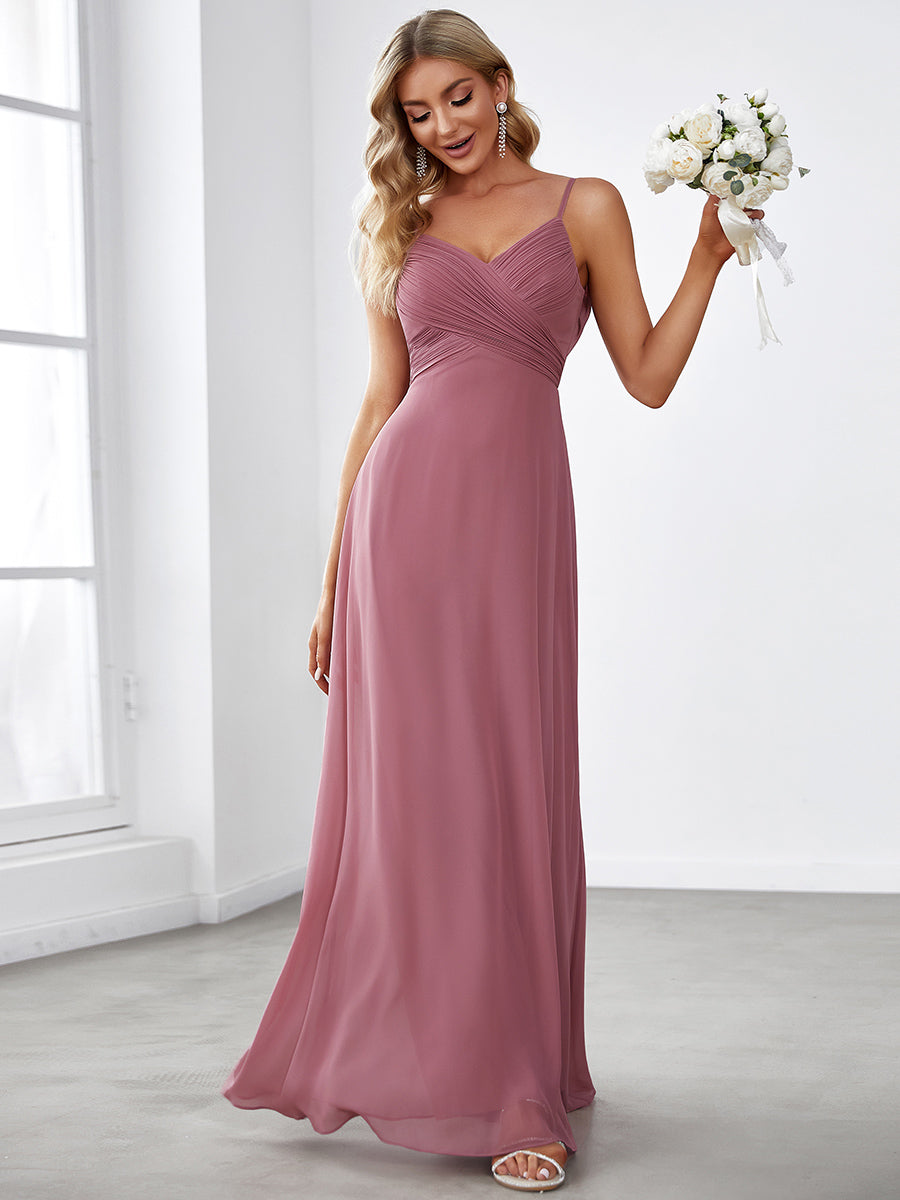 Brautjungfernkleid mit V-Ausschnitt schmalen Trägern und bodenlangem Rock #Farbe_Orchideenviolett