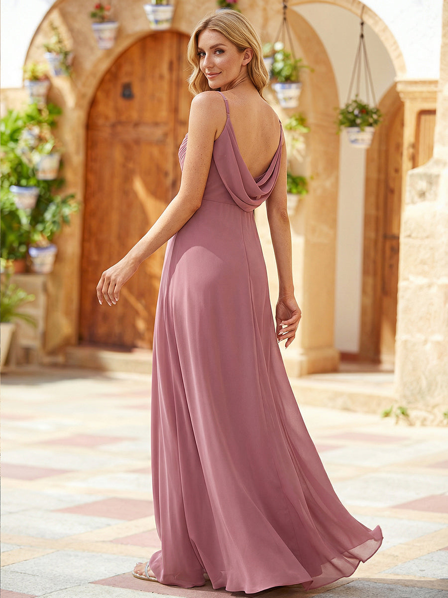 Bodenlanger V-Ausschnitt A-Linie Chiffon Kleid Plissiert Rückenfrei Eleganz Kleid #Farbe_Orchideenviolett