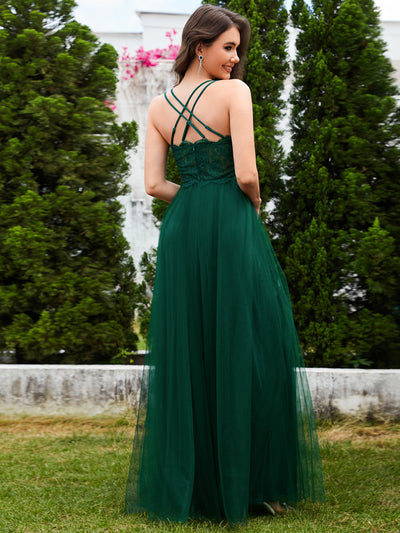 Bodenlanger V-Ausschnitt A-Linie Mesh Kleid Mit Tiefem V-Ausschnitt Und Wimpernspitzen #Farbe_Dunkelgrün