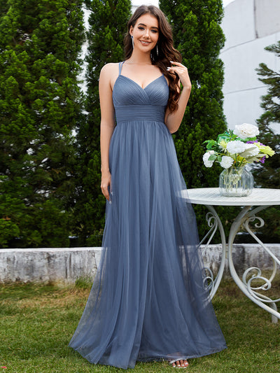 Bodenlanger V-Ausschnitt A-Linie Mesh Kleid Mit Tiefem V-Ausschnitt Und Wimpernspitzen #Farbe_Taubenblau