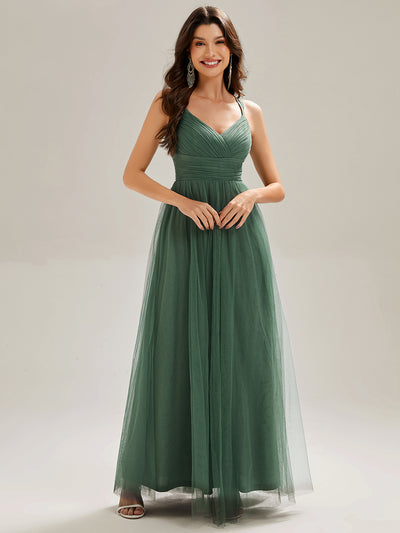 Bodenlanger V-Ausschnitt A-Linie Mesh Kleid Mit Tiefem V-Ausschnitt Und Wimpernspitzen #Farbe_Eukalyptus