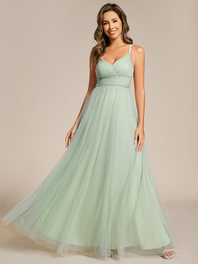 Bodenlanger V-Ausschnitt A-Linie Mesh Kleid Mit Tiefem V-Ausschnitt Und Wimpernspitzen #Farbe_Mintgrün