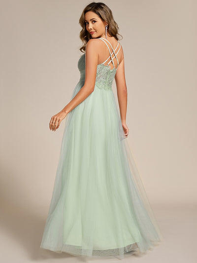 Bodenlanger V-Ausschnitt A-Linie Mesh Kleid Mit Tiefem V-Ausschnitt Und Wimpernspitzen #Farbe_Mintgrün