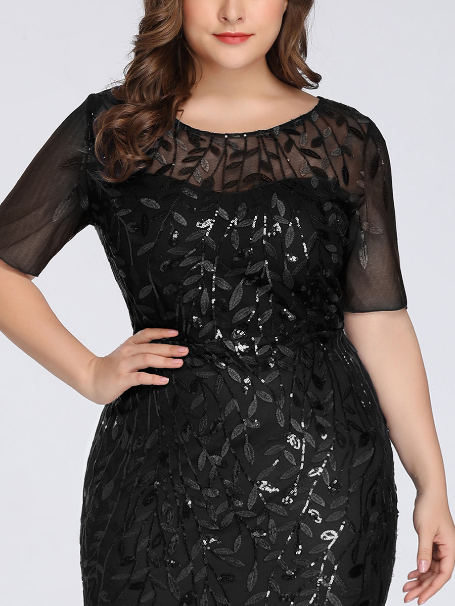 Bodenlanger Bodycon Kleid Mit Rundhalsausschnitt Pailletten Bestickte Patchwork Details #Farbe_Schwarz