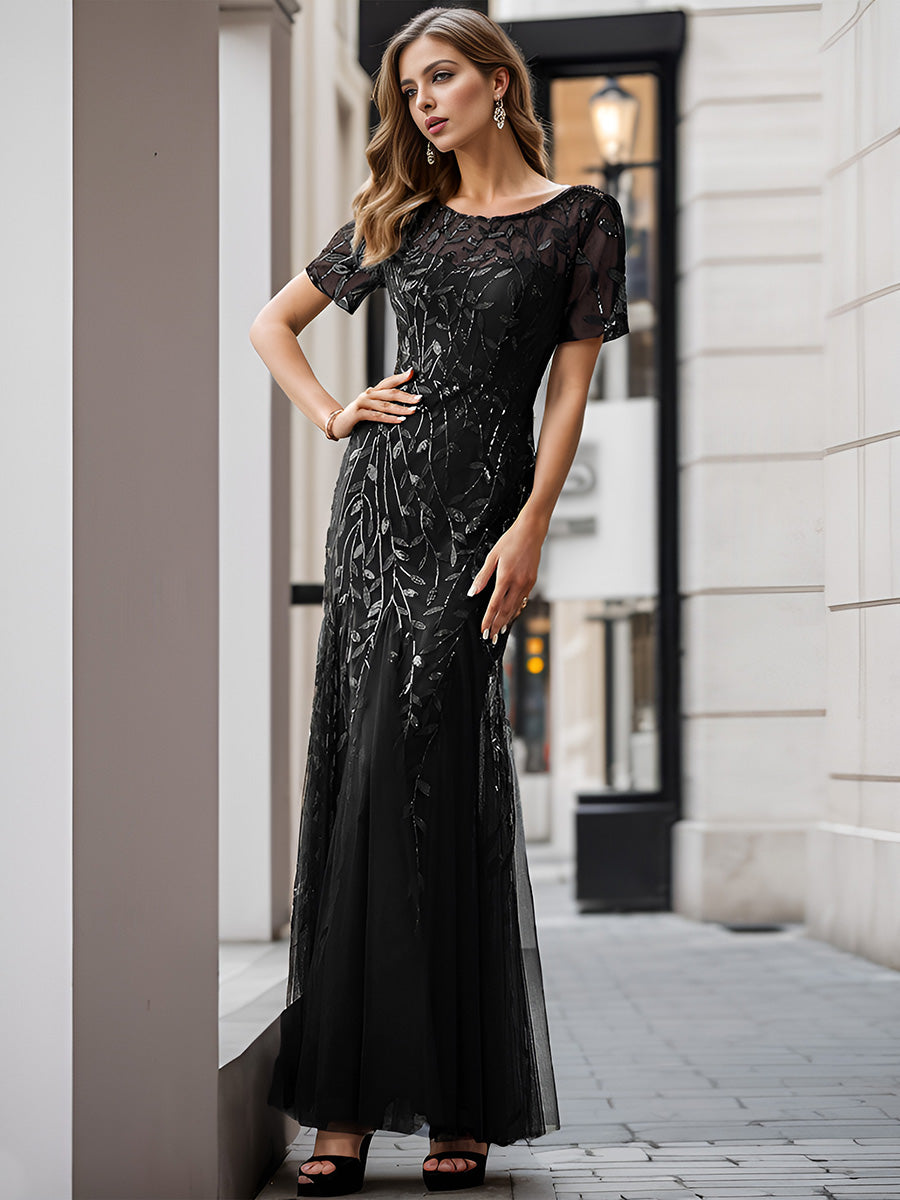 Bodenlanger Bodycon Kleid Mit Rundhalsausschnitt Pailletten Bestickte Patchwork Details #Farbe_Schwarz